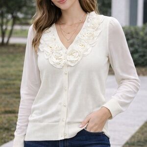 U-Knit Petite Small Ivory Floral Rosette Cardigan Sheer Sleeves